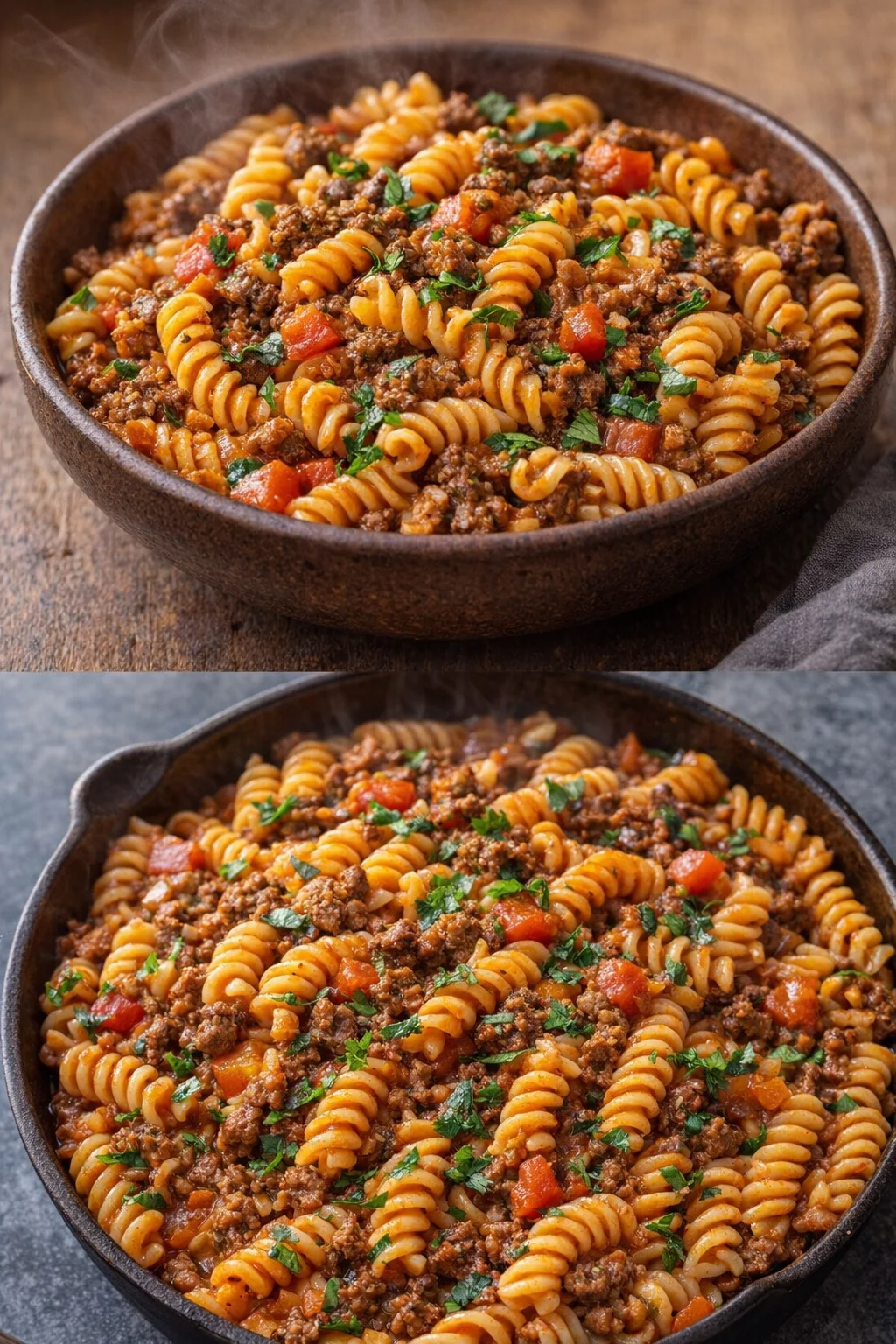 One Pot Beef Taco Pasta served in a bowl with toppings
