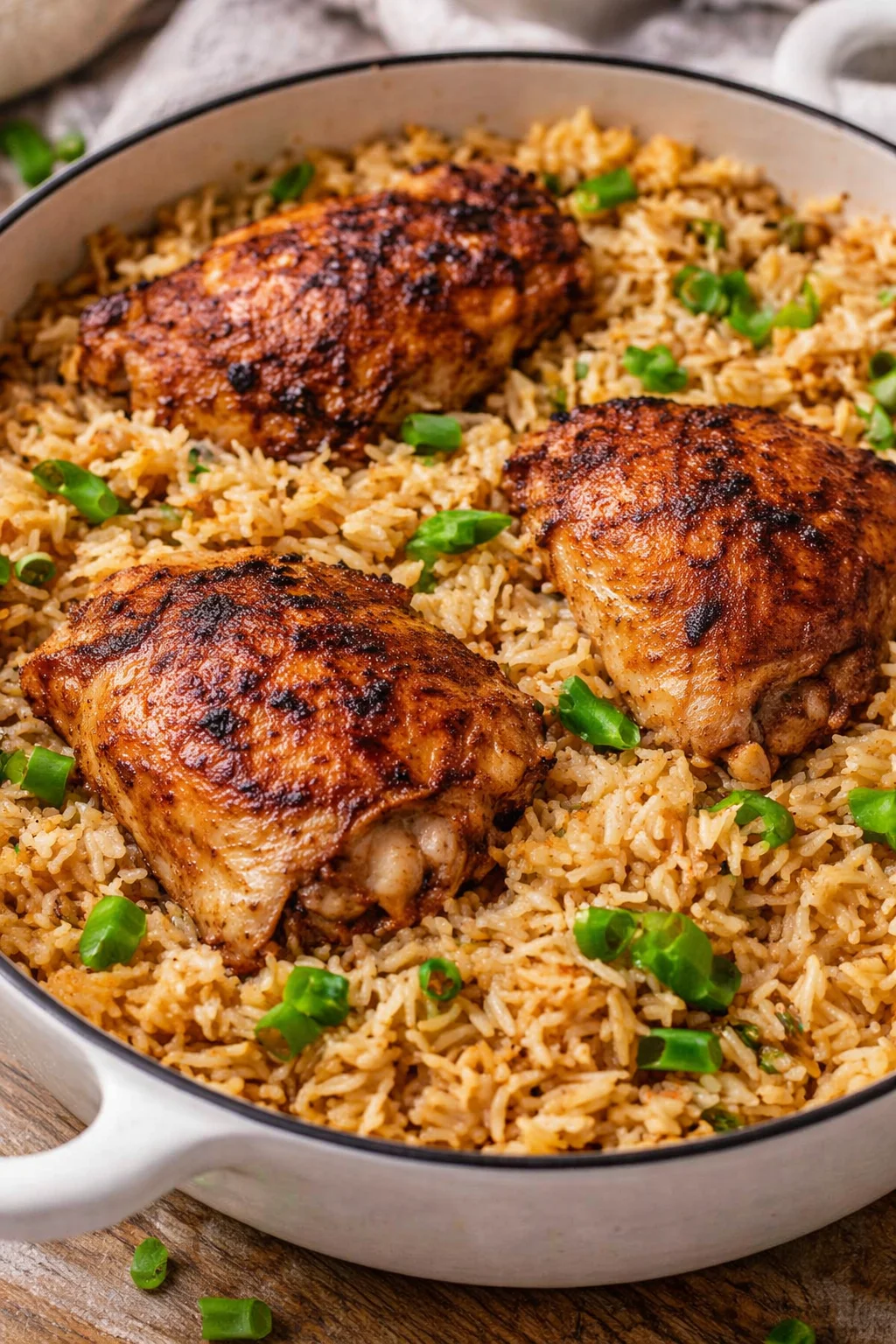 Delicious one pot chicken and rice dish served with vegetables.