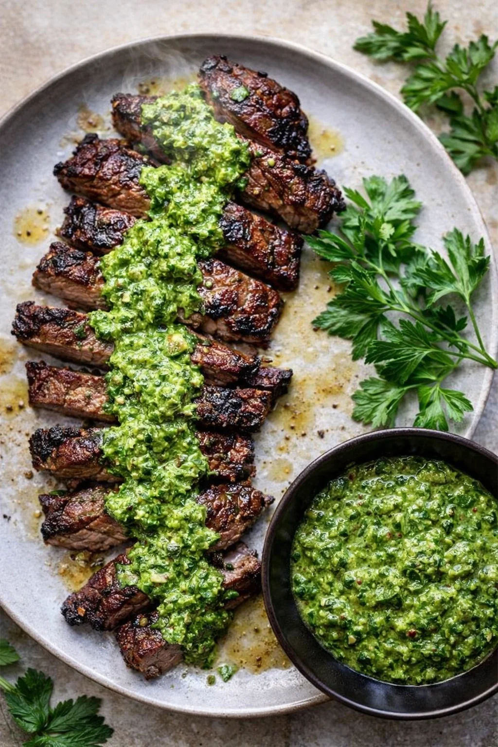 Skirt steak marinated in chimichurri sauce served on a grill.