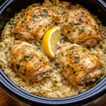 Slow Cooker Lemon Herb Chicken with Rice on a plate, garnished with fresh herbs.