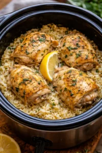 Slow Cooker Lemon Herb Chicken with Rice on a plate, garnished with fresh herbs.