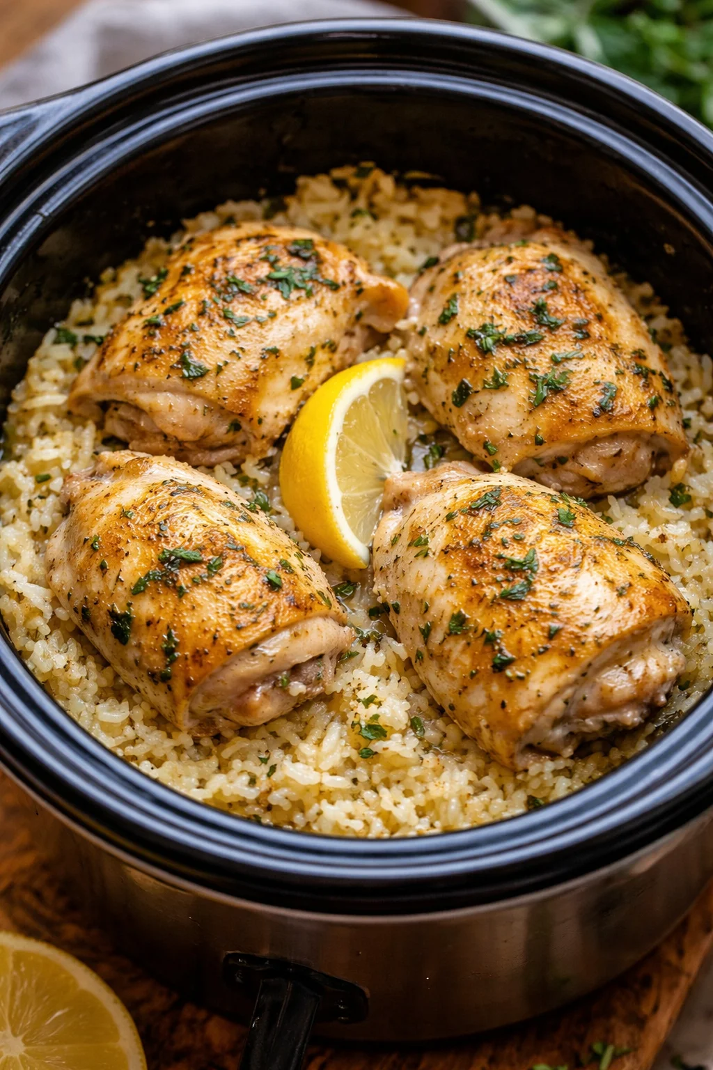 Slow Cooker Lemon Herb Chicken with Rice on a plate, garnished with fresh herbs.