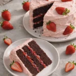 Delicious slice of Strawberry Chocolate Cake decorated with fresh strawberries