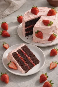 Delicious slice of Strawberry Chocolate Cake decorated with fresh strawberries
