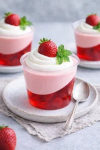 Strawberry Jell-O Parfait Cups layered dessert served in clear cups