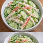 Tasty cucumber salad with crab meat in a bowl garnished with herbs.