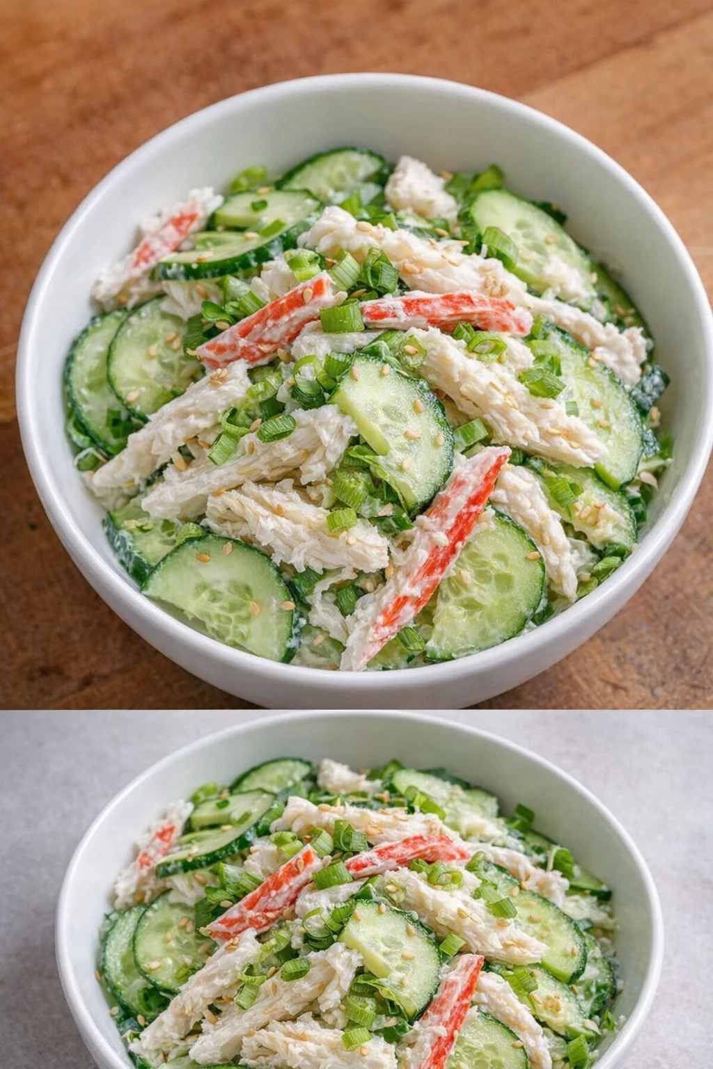 Tasty cucumber salad with crab meat in a bowl garnished with herbs.