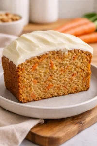 Moist carrot cake loaf with cream cheese frosting on a white plate.