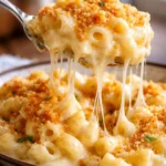 Bowl of creamy homemade mac and cheese topped with breadcrumbs.