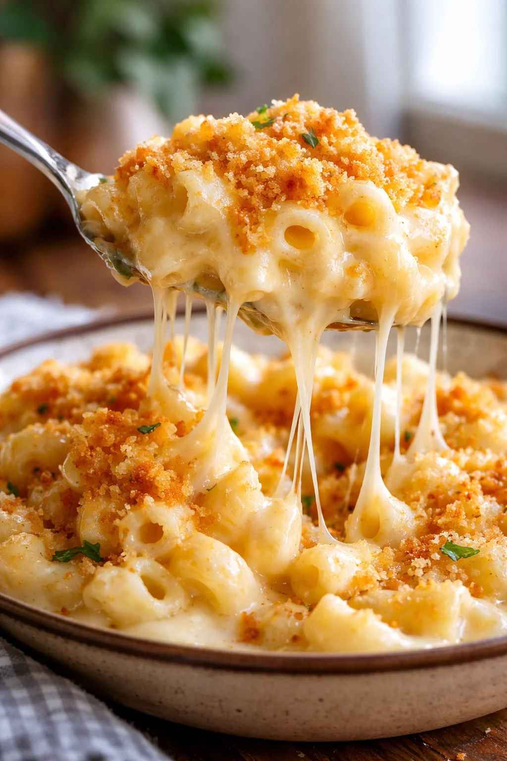 Bowl of creamy homemade mac and cheese topped with breadcrumbs.