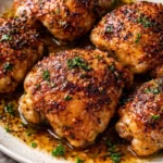 Delicious oven baked chicken thighs served on a plate with herbs