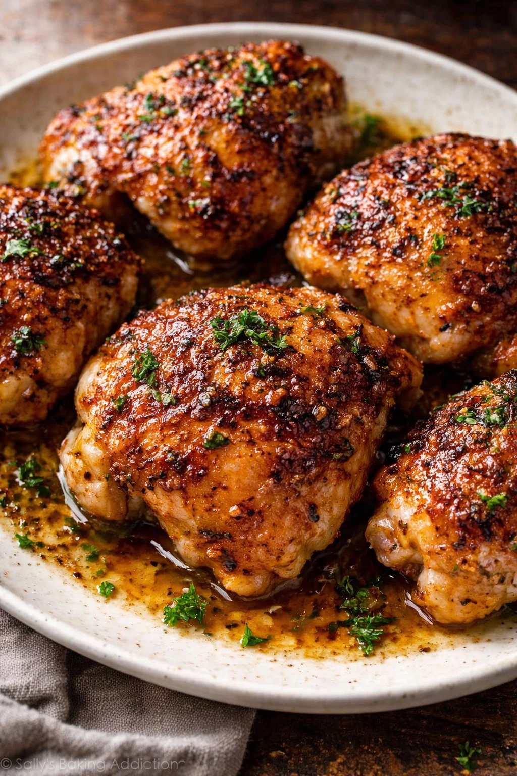Delicious oven baked chicken thighs served on a plate with herbs
