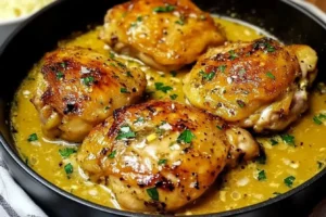 Bobby Flay's juicy chicken thighs recipe served with herbs and spices