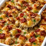 Delicious Chicken Bacon Ranch Casserole with Potatoes on a serving dish