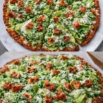 Delicious Chicken Caesar Salad Pizza topped with romaine lettuce and dressing.