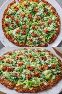 Delicious Chicken Caesar Salad Pizza topped with romaine lettuce and dressing.