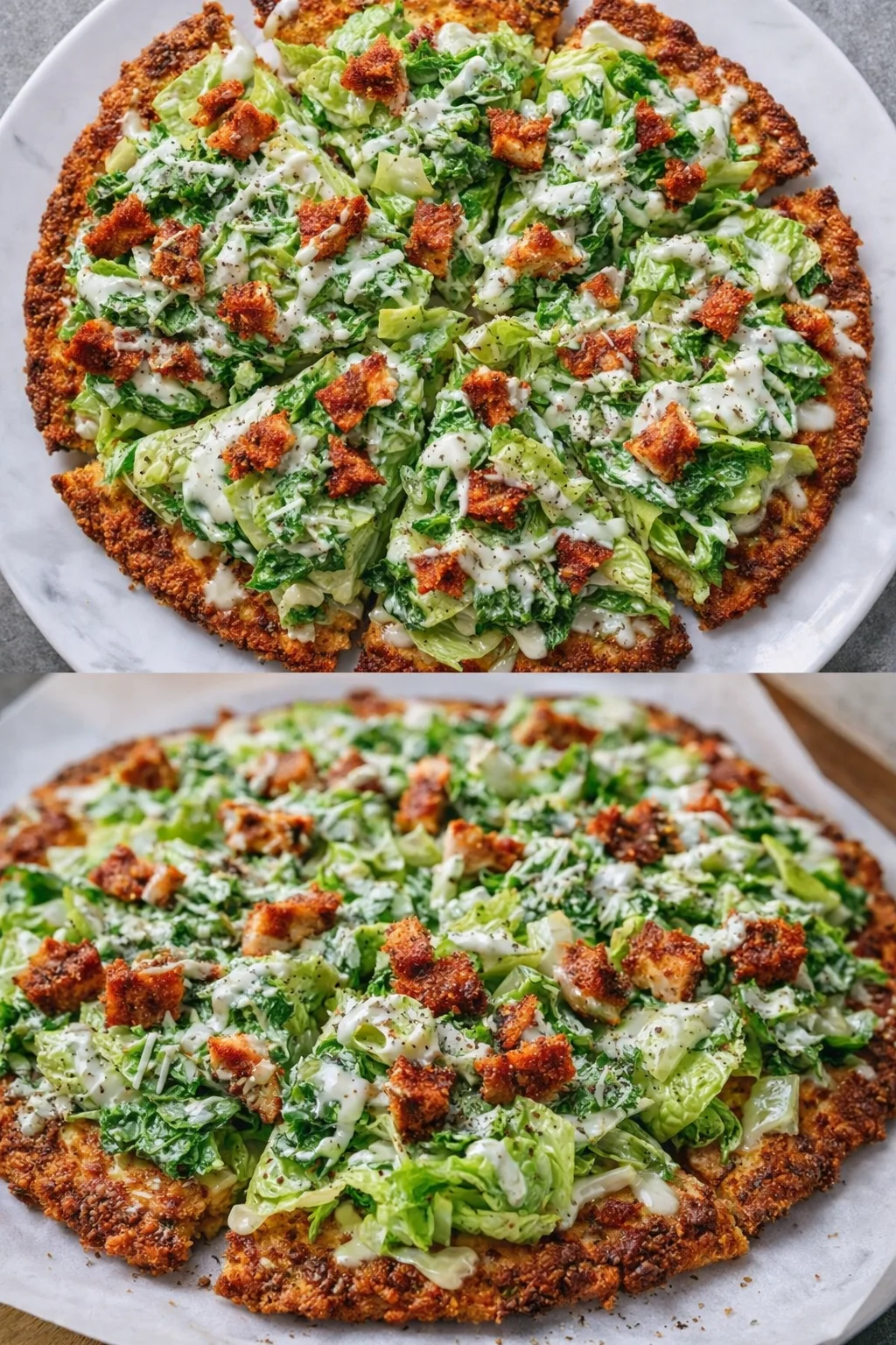Delicious Chicken Caesar Salad Pizza topped with romaine lettuce and dressing.