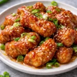 Delicious Chinese Honey Garlic Chicken served on a plate with garnishes.
