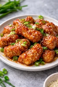 Delicious Chinese Honey Garlic Chicken served on a plate with garnishes.