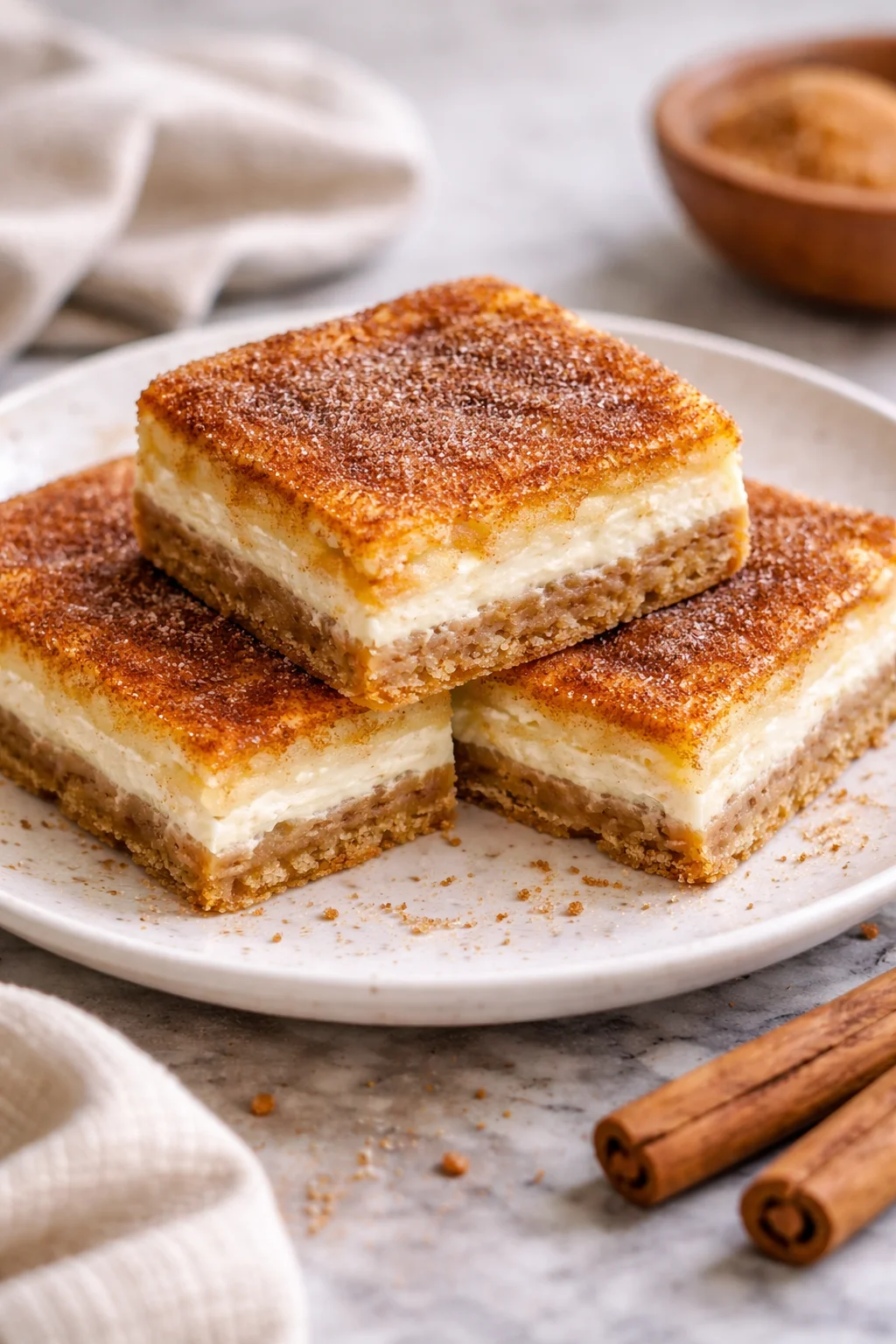 Delicious Churro Cheesecake Bars drizzled with caramel and sprinkled with cinnamon sugar