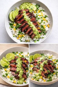 Cilantro lime steak and rice bowls garnished with fresh herbs and lime wedges.