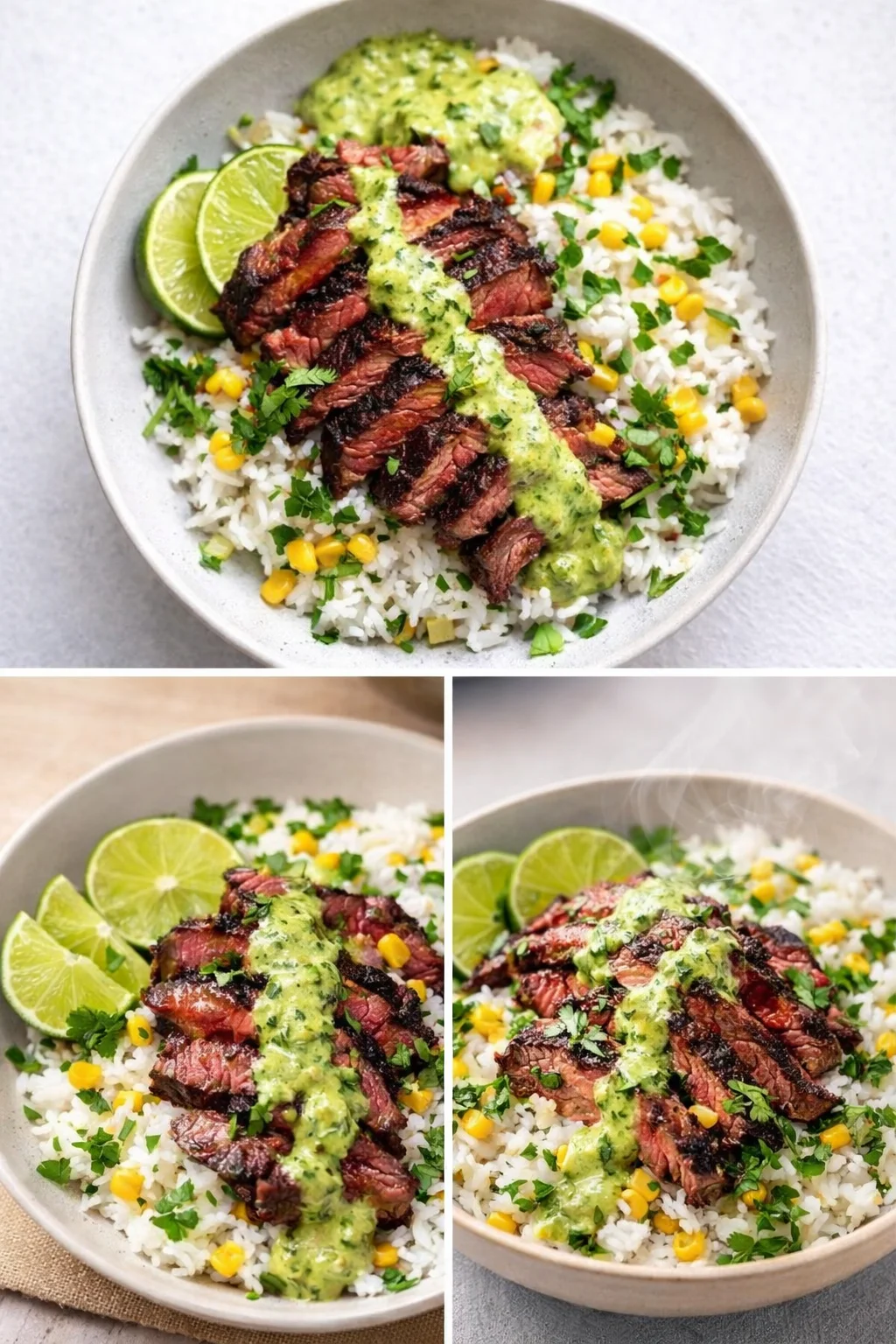 Cilantro lime steak and rice bowls garnished with fresh herbs and lime wedges.