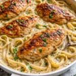 Creamy garlic chicken dish garnished with herbs on a plate