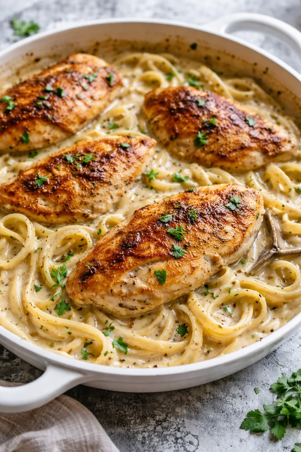 Creamy garlic chicken dish garnished with herbs on a plate