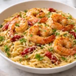 Creamy shrimp orzo pasta served in a bowl with herbs and garnishes.