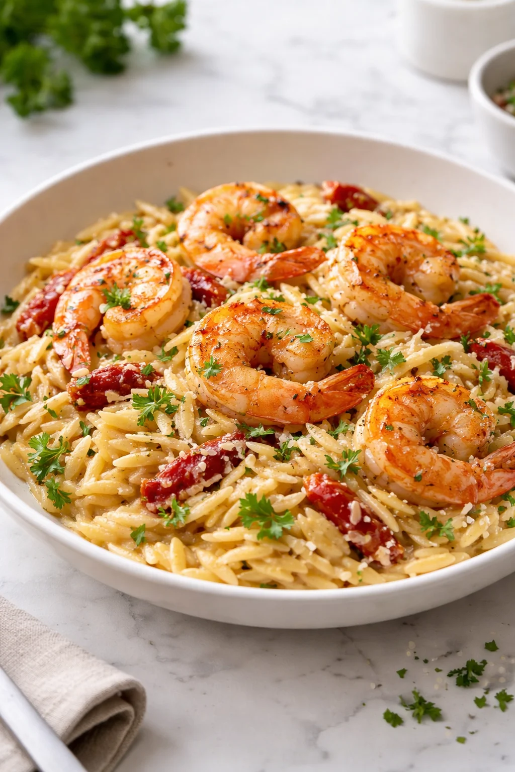 Creamy shrimp orzo pasta served in a bowl with herbs and garnishes.
