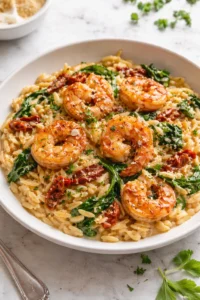 Creamy Tuscan shrimp orzo featuring succulent shrimp and flavorful orzo pasta