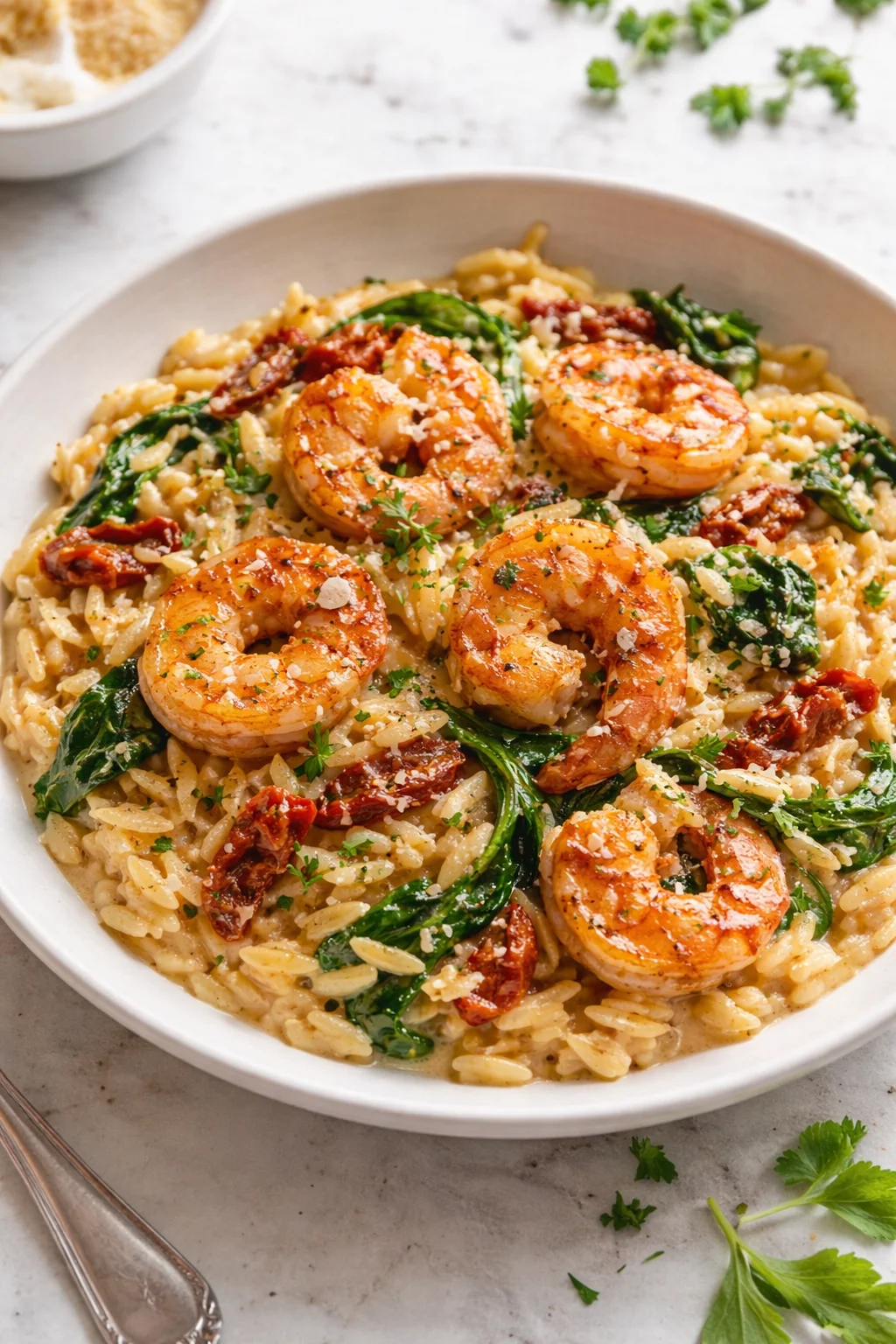 Creamy Tuscan shrimp orzo featuring succulent shrimp and flavorful orzo pasta
