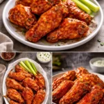 Crispy air fryer buffalo wings served with dipping sauce and celery