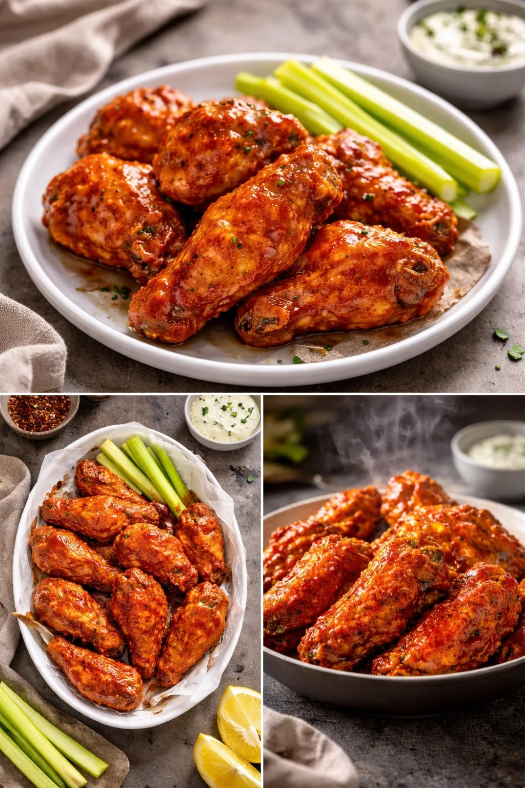 Crispy air fryer buffalo wings served with dipping sauce and celery