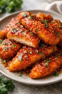 Crispy baked hot honey chicken garnished with herbs and spices.