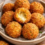 Crispy potato cheese balls served on a plate with dipping sauce
