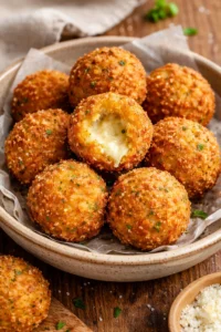 Crispy potato cheese balls served on a plate with dipping sauce