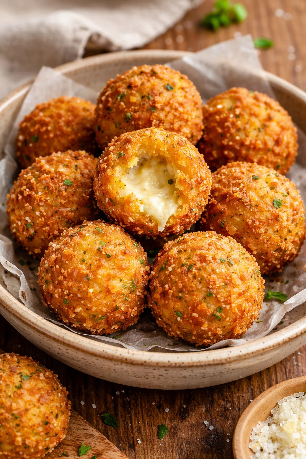 Crispy potato cheese balls served on a plate with dipping sauce