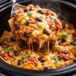 Delicious crockpot chicken enchilada casserole topped with cheese and fresh herbs