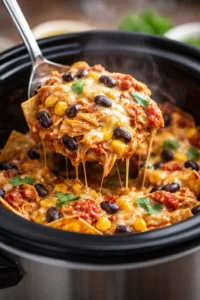 Delicious crockpot chicken enchilada casserole topped with cheese and fresh herbs