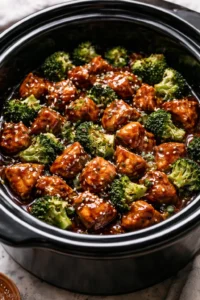 Crockpot Teriyaki Chicken served with vegetables and rice
