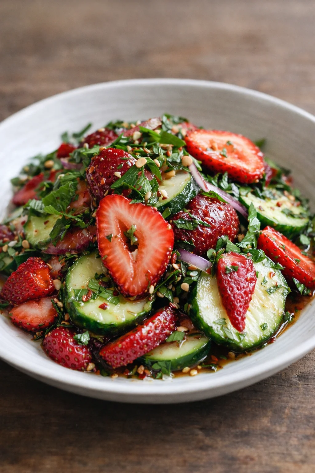 Cucumber Strawberry Salad with fresh cucumbers and ripe strawberries