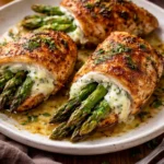 Delicious asparagus cheese stuffed chicken on a plate with herbs garnishing.