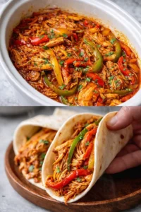 Easy Crockpot Chicken Fajitas served with peppers and onions