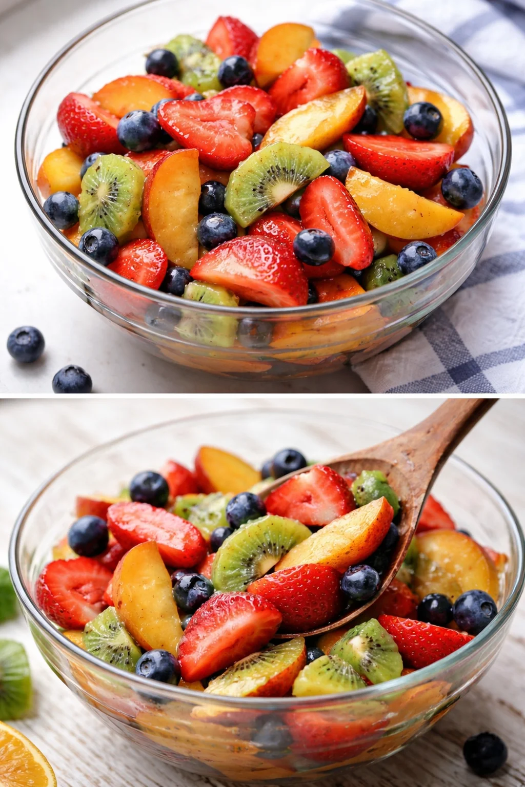 A colorful mix of fresh fruit salad including strawberries, blueberries, and kiwi.