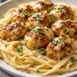 Delicious Garlic Butter Chicken Bites with Creamy Parmesan Pasta on a plate
