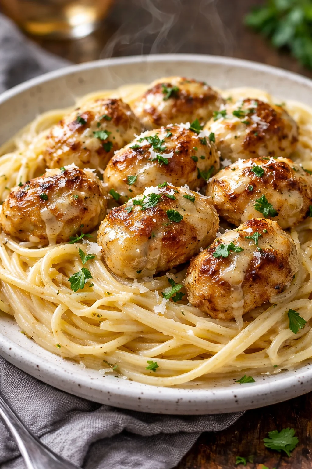 Delicious Garlic Butter Chicken Bites with Creamy Parmesan Pasta on a plate