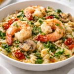 Delicious Garlic Orzo Tuscan Shrimp served in a bowl with herbs and lemon