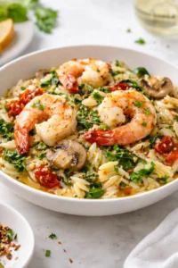 Delicious Garlic Orzo Tuscan Shrimp served in a bowl with herbs and lemon