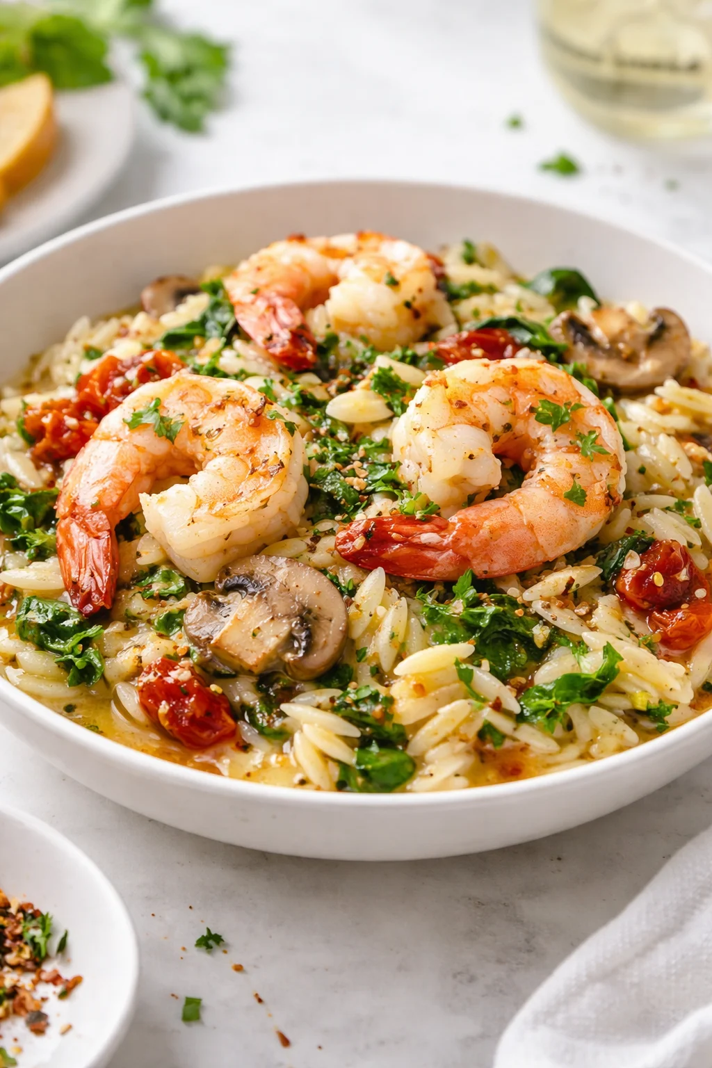 Delicious Garlic Orzo Tuscan Shrimp served in a bowl with herbs and lemon